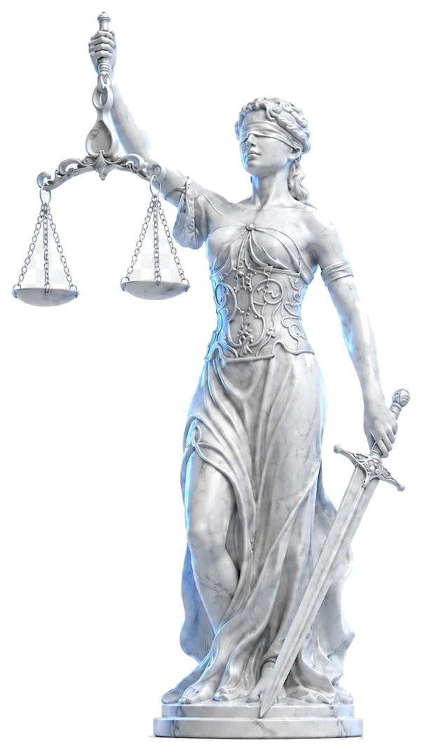 Estátua clássica da Justiça com balança e espada